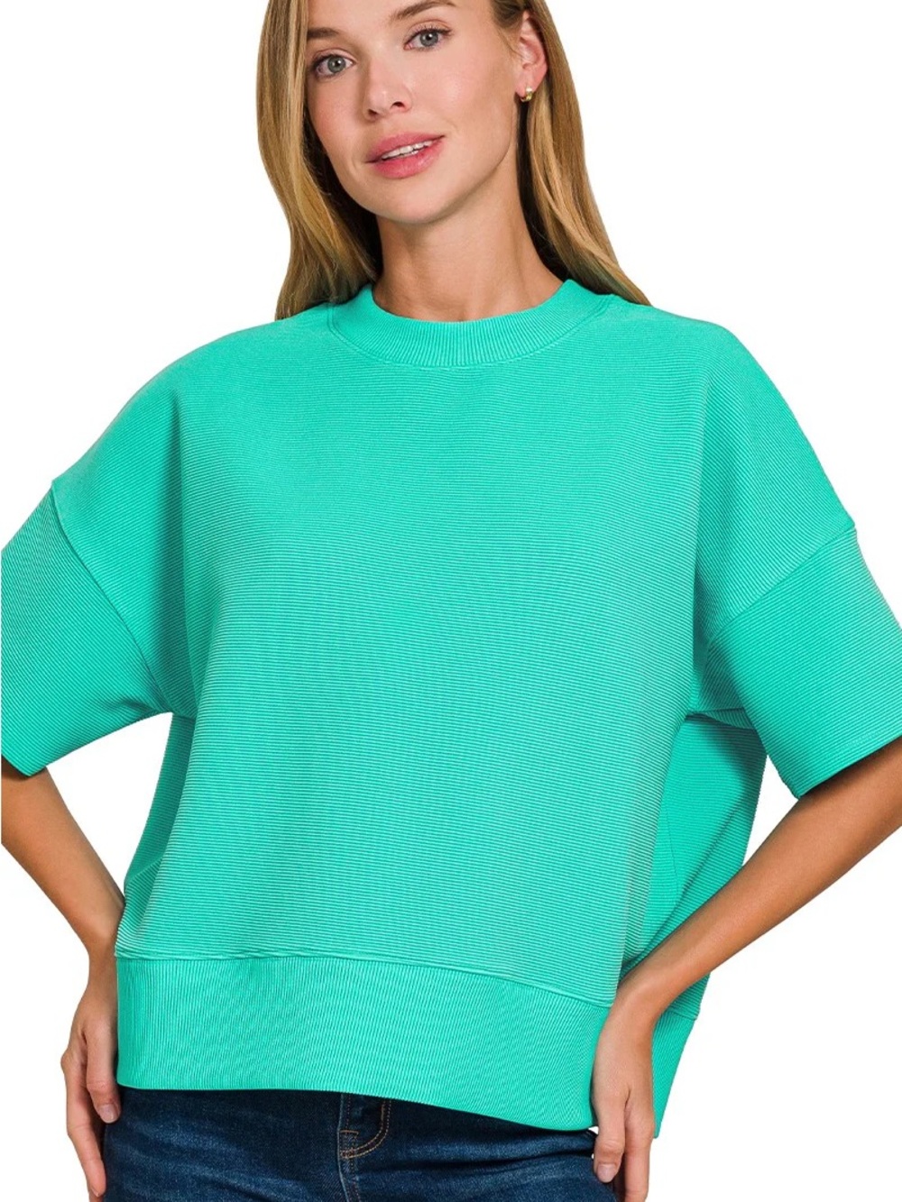🗽Zenana Women’s Relaxed Crewneck Oversized Short-Sleeve Top in Aqua - Size M